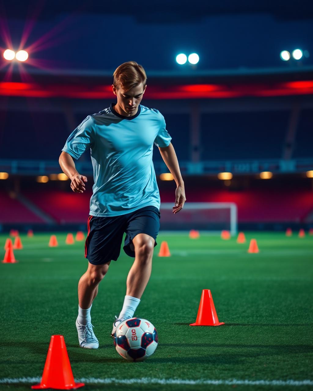 Jugador de fútbol entrenando solo con conos y balón